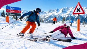 Zwei Schifahrer nähern sich einer Pistenkreuzung – Symbolbild zur Haftung beim Zusammenstoß auf der Skipiste